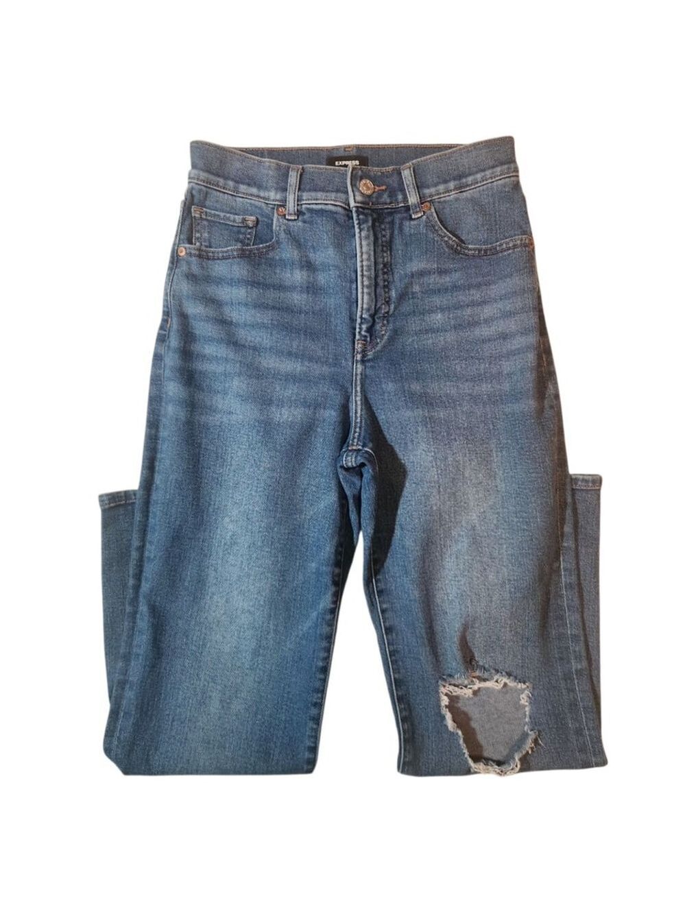 Women's Express Classic Medium Blue Straight Leg Distressed Jeans Size 26